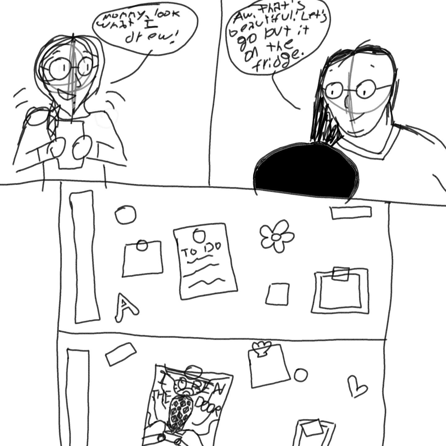 A comic. Lu, holding a piece of paper and bouncing with excitement, says "Mommy, look what I drew!" Their mom responds, "aw, that's beautiful! Let's go put it on the fridge." On the fridge, there is now a piece of body-horror Magnus Archives fan art.